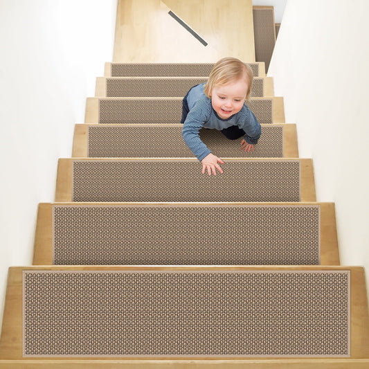 YEERSWAG Linen Soft & Comfortable Stair Treads for Wooden Steps Indoor, 30x8 inch, 15pcs Upgraded Self Adhesive Backing Non Slip Stair Carpets,Reusable Staircase Step Treads