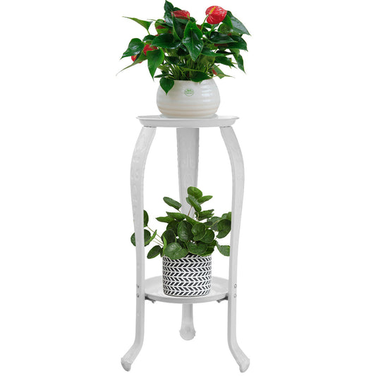 2 Tier Metal Plant Stand, Plant Shelf Flower Pot Holder Display Storage Shelf, Side Table End Table for Indoor Outdoor Patio Garden Home Office, White