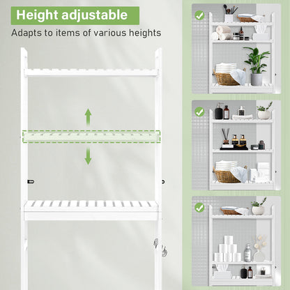 HONEIER Over The Toilet Storage, 3-Tier Bamboo Bathroom Shelf with Hooks Bathroom Organizer Rack, Storage Rack for Restroom Laundry Kitchen, Space Saver, White