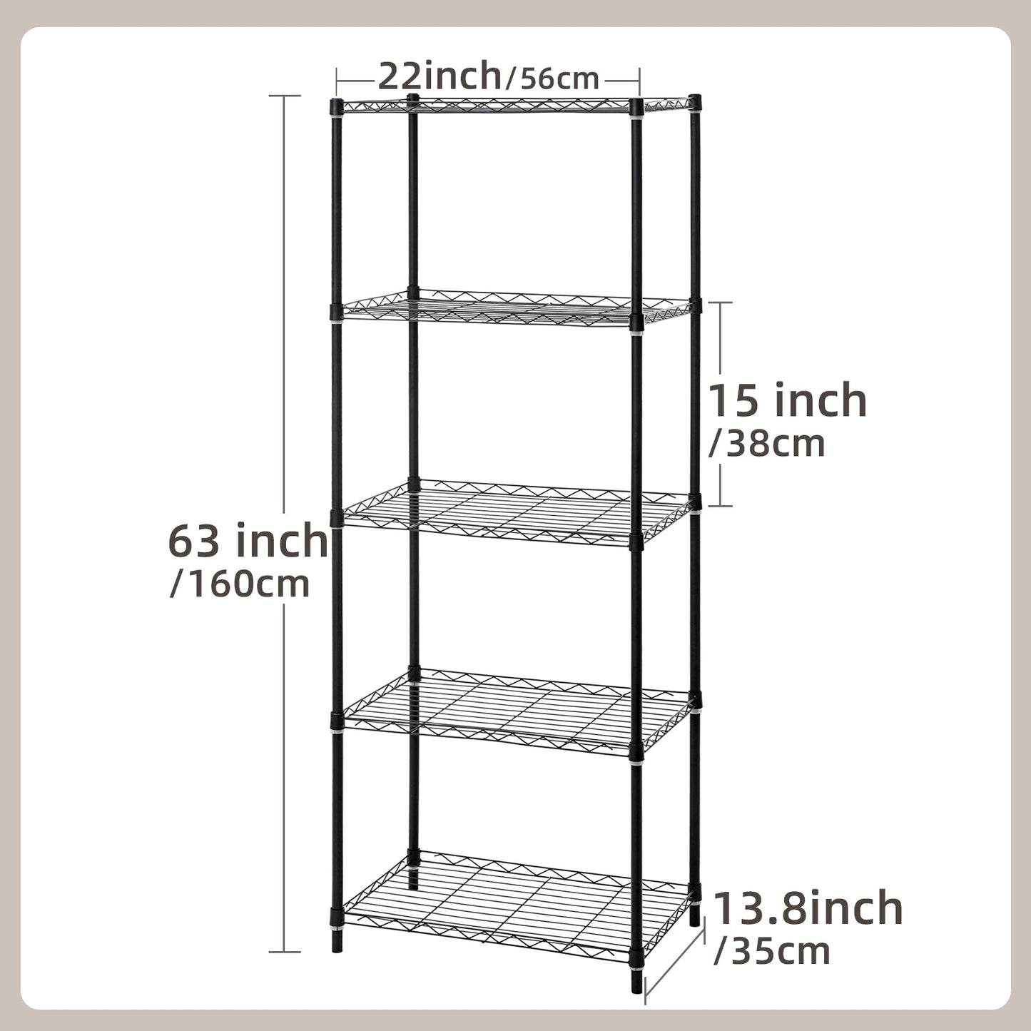 HONEIER 5-Tier Storage Shelving Unit, Heavy Duty Metal Shelf Wire Storage Rack Freestanding Shelves for Pantry Closet Kitchen Laundry Bedroom, 63"x 22"x 14", Black