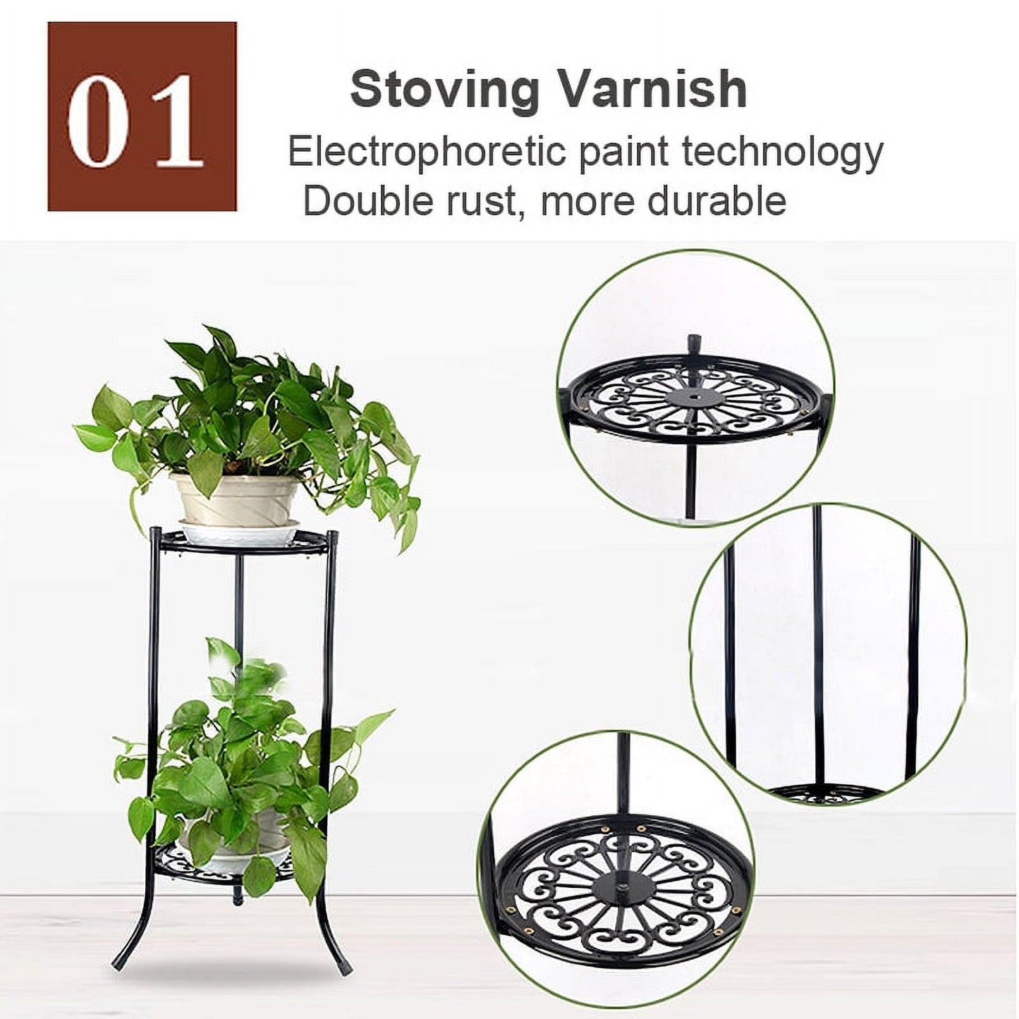 2 Tier Metal Plant Stand, Round Plant Shelf Flower Pot Rack Modern Planter Holder for Garden Patio Indoor Outdoor Black White