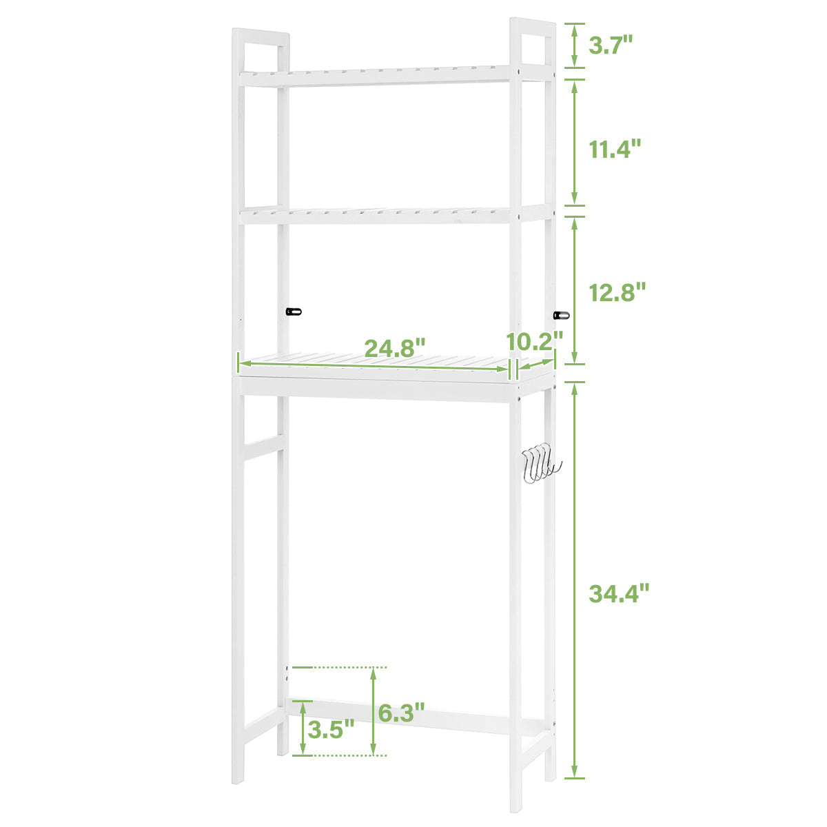 HONEIER Over The Toilet Storage, 3-Tier Bamboo Bathroom Shelf with Hooks Bathroom Organizer Rack, Storage Rack for Restroom Laundry Kitchen, Space Saver, White