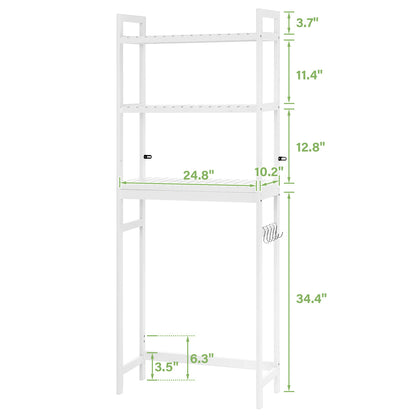 HONEIER Over The Toilet Storage, 3-Tier Bamboo Bathroom Shelf with Hooks Bathroom Organizer Rack, Storage Rack for Restroom Laundry Kitchen, Space Saver, White