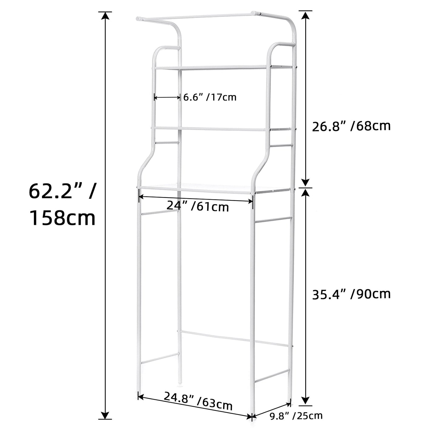 HONEIER over the Toilet Storage 3 Tier Bathroom Shelf with Towels Hanging Rod, 62*24 inch Metal Bathroom Organizer Storage Rack, White