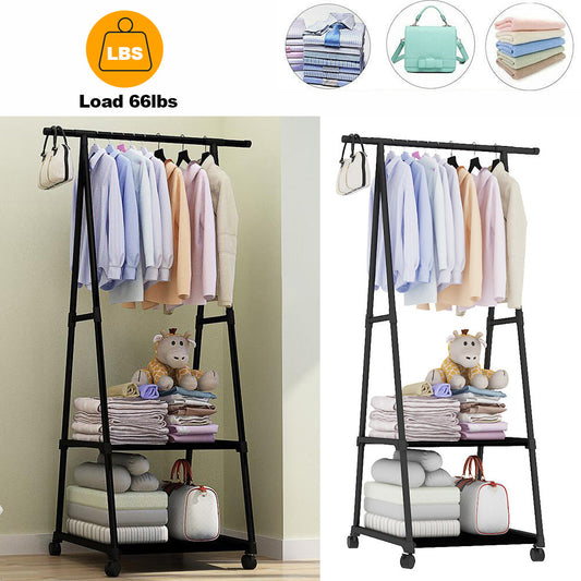 Clothes Rack on Wheels, Stainless Steel Rolling Garment Rack with with 2-Tier Storage Shelves and 2 Coat Hooks for Shoes, Clothing， Portable Garment Laundry Rack for Home Office