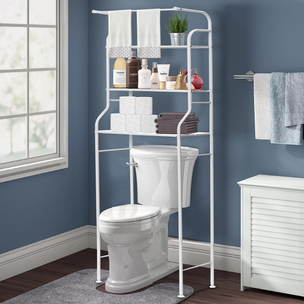 HONEIER over the Toilet Storage 3 Tier Bathroom Shelf with Towels Hanging Rod, 62*24 inch Metal Bathroom Organizer Storage Rack, White