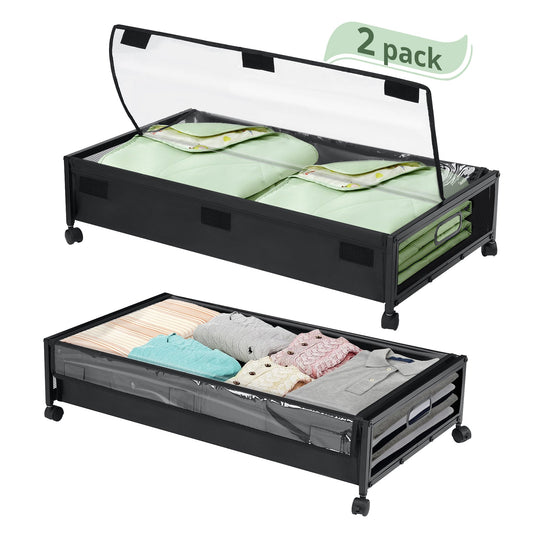 Under Bed Storage with Wheels, HONEIER 2 Pack Under Bed Storage Containers with Lid, Large Metal Under Bed Drawer Storage Organizer for Clothes, Shoes,Toys, Books, Blankets, Black