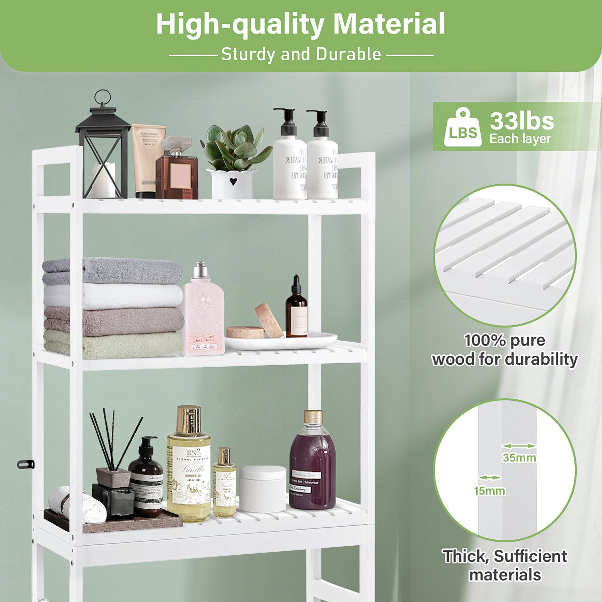 HONEIER Over The Toilet Storage, 3-Tier Bamboo Bathroom Shelf with Hooks Bathroom Organizer Rack, Storage Rack for Restroom Laundry Kitchen, Space Saver, White